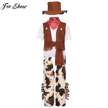 Kids Boys Halloween Western Cowboy Cosplay Costume Short Sleeve T-shirt with Pants Vest Hat Bandana Belt Set for Carnival Party
