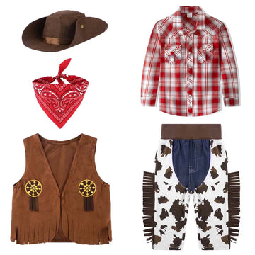 Kids Western Cowboy Halloween Costume Set Boys Cosplay Costumes Western Shirts Long Sleeve Button Down Plaid Tops Hat Vest Pants
