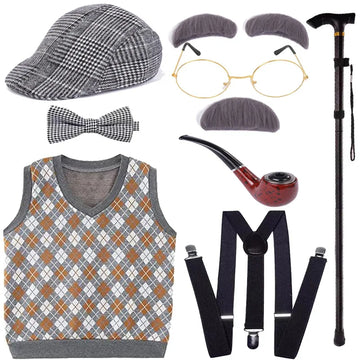 Kids 100 Days of School Boys Set Old Man Halloween Costume Dress up and Hat, Glasses Grandpa Vest Set for Boys Outfit Accessorie