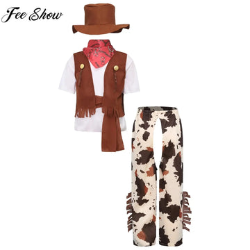 Boys Halloween Carnival Western Cowboy Cosplay Performance Costume Short Sleeve T-shirt with Pants Vest Hat Bandana Belt Set