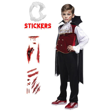 Boys Halloween Vampire Cosplay Costume Kids Carnival Party Dress up Outfit Role Play Costumes with False Teeth Walking Cane