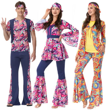 Halloween Costumes Men Women Retro 80s Hippie Costume Disco Hip-Hop Couples Cosplay Carnival Party Fancy Dress Up for Adult