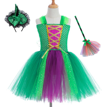 Halloween Children Costume Tulle Dress Girls Cosplay Vestidos Party Evil Queen Mesh Princess Dress Kids Crow Wand