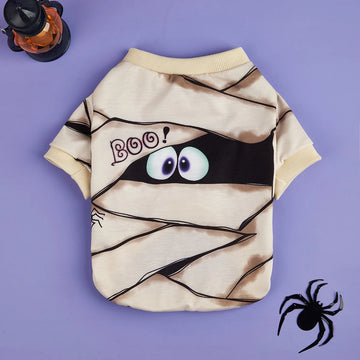 Halloween Pet Mummy Costume, Cute Dog/Cat Outfit with Bandage Design, Beige Short - Sleeved Pet Top, Festive Dress for Small Pet