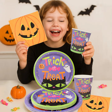 Halloween Pumpkin Black Cat Disposable Tableware Set Halloween Party Decor Kids Favors Trick or Treat Paper Plates Cup Napkins