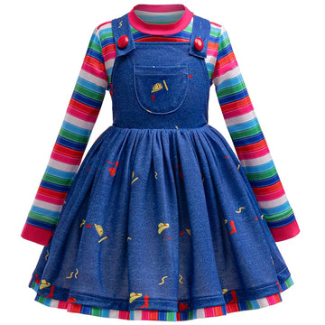 Toddler Girls Halloween Killer Costume 2PCS Blue Denim Dress With Rainbow Striped Shirt Outfit For Kids Horror Party Play Outfit