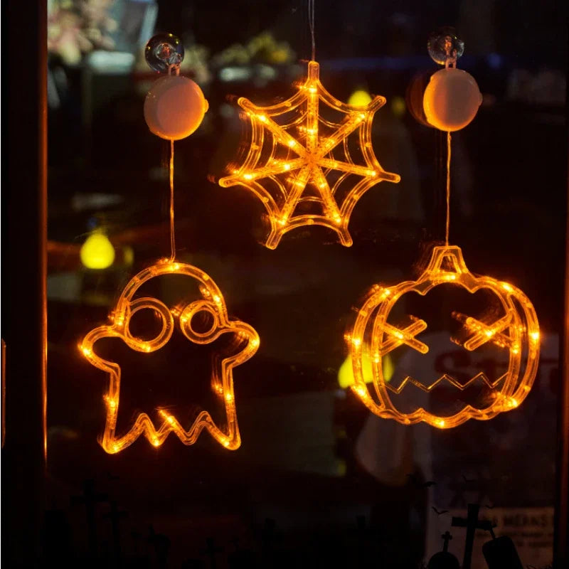 Halloween Decoration Orange Pumpkin Ghost Halloween Window Light with Suction Cup Battery Operated Halloween Home Hanging Decor