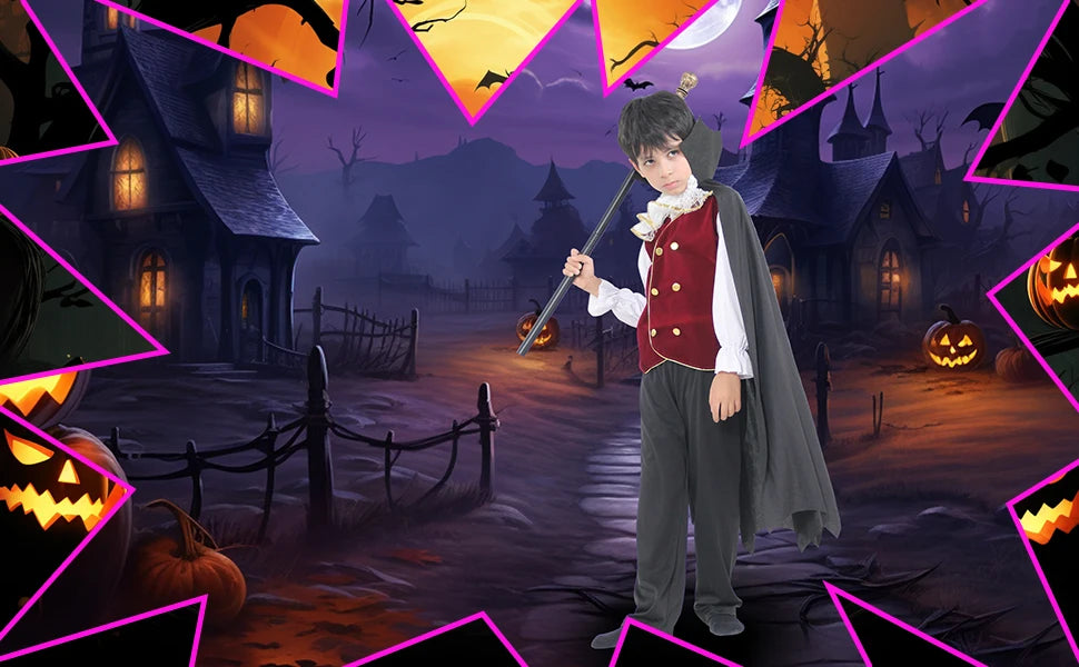 Boys Halloween Vampire Cosplay Costume Kids Carnival Party Dress up Outfit Role Play Costumes with False Teeth Walking Cane