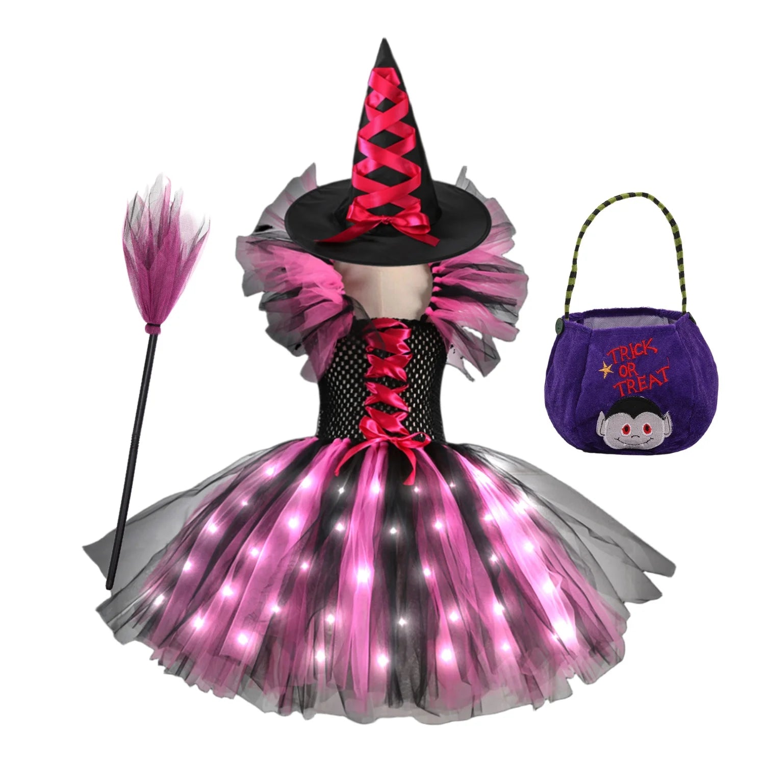 Halloween Costume For Kids Girls Witch Cosplay Tutu Knee LED Dress With Hat Broom Children Carnival Vestidos Fancy Clothes New