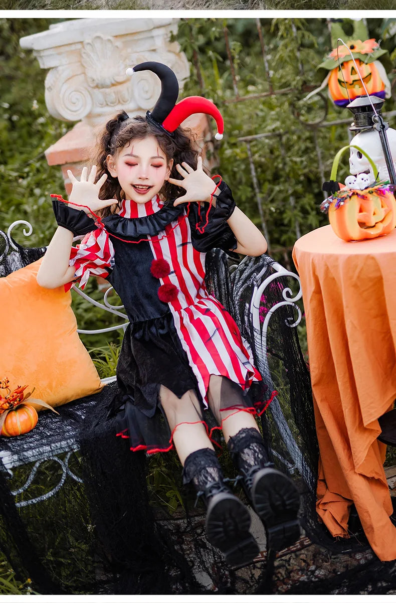 Halloween children's costume; clown costume for girls; party dress for a fun outfit; carnival performance outfit.