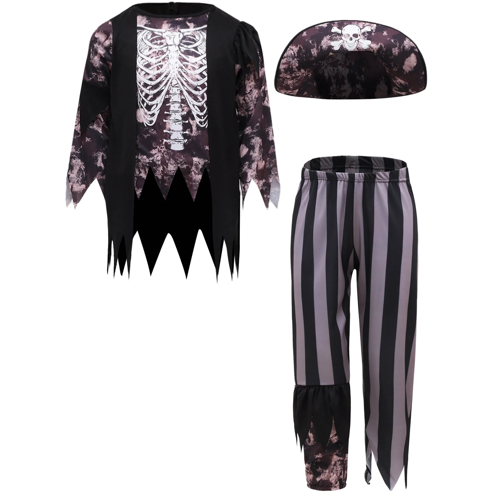 Boys Halloween Medieval Pirate Cosplay Costume Carnival Roleplay Suit Irregular Fringe Long Sleeve Top Striped Pants and Hat Set