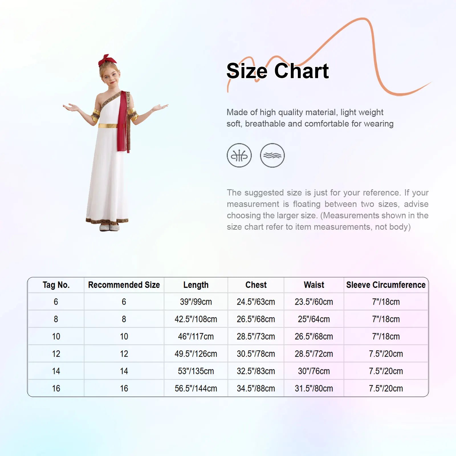Kids Girls Halloween Ancient Greek Toga Classic Roman Carnival Cosplay Costume One Shoulder Embroider Robe with Removable Cuffs