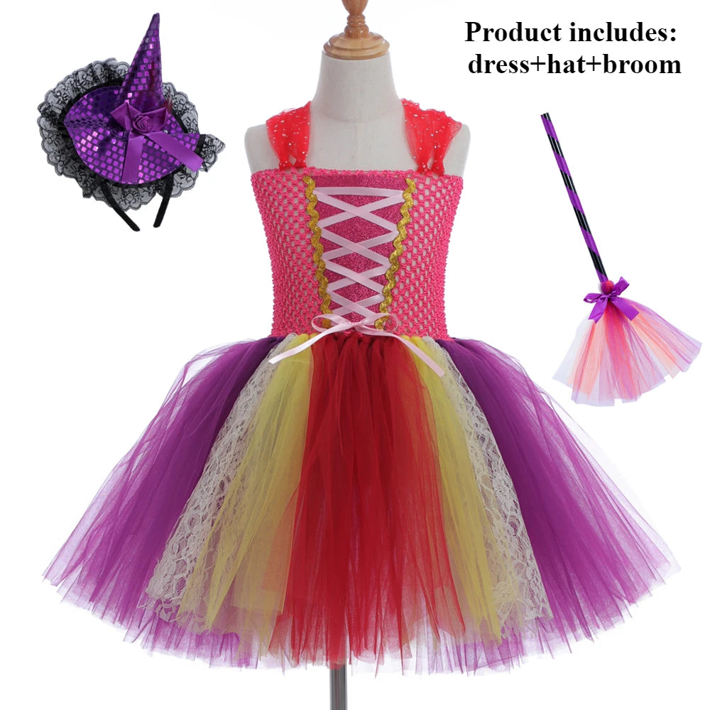 Halloween Children Costume Tulle Dress Girls Cosplay Vestidos Party Evil Queen Mesh Princess Dress Kids Crow Wand