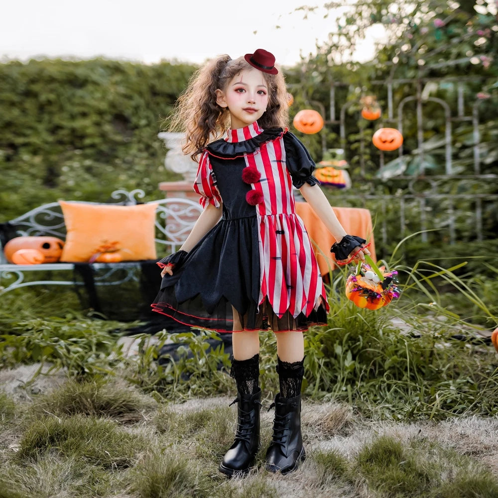 Halloween children's costume; clown costume for girls; party dress for a fun outfit; carnival performance outfit.