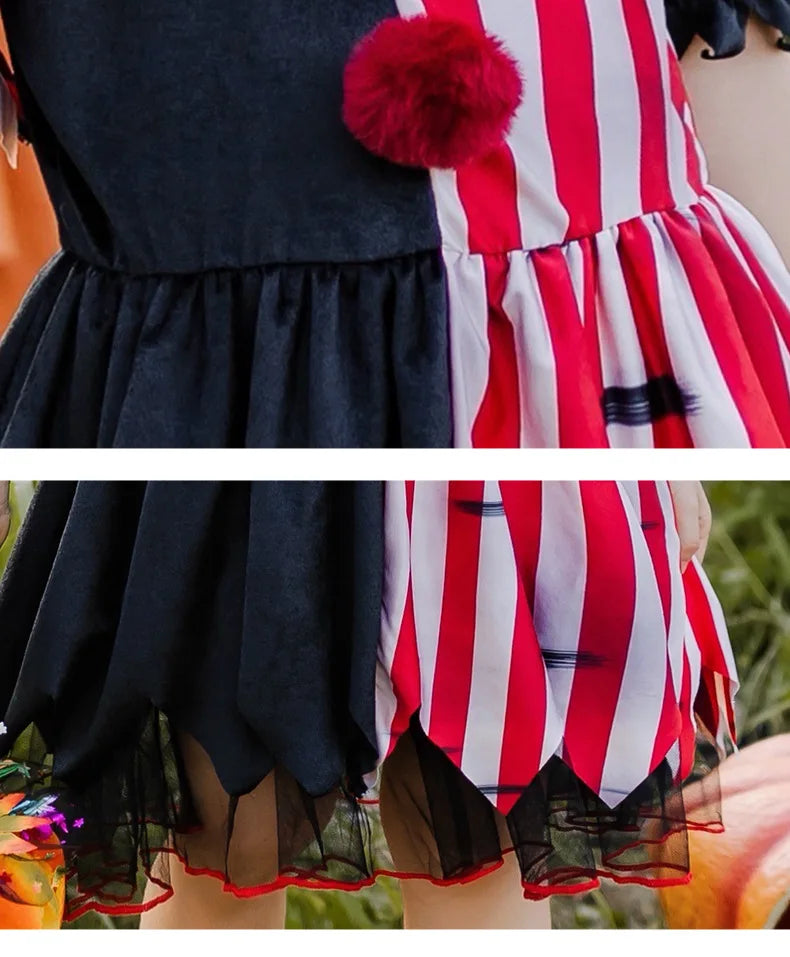 Halloween children's costume; clown costume for girls; party dress for a fun outfit; carnival performance outfit.