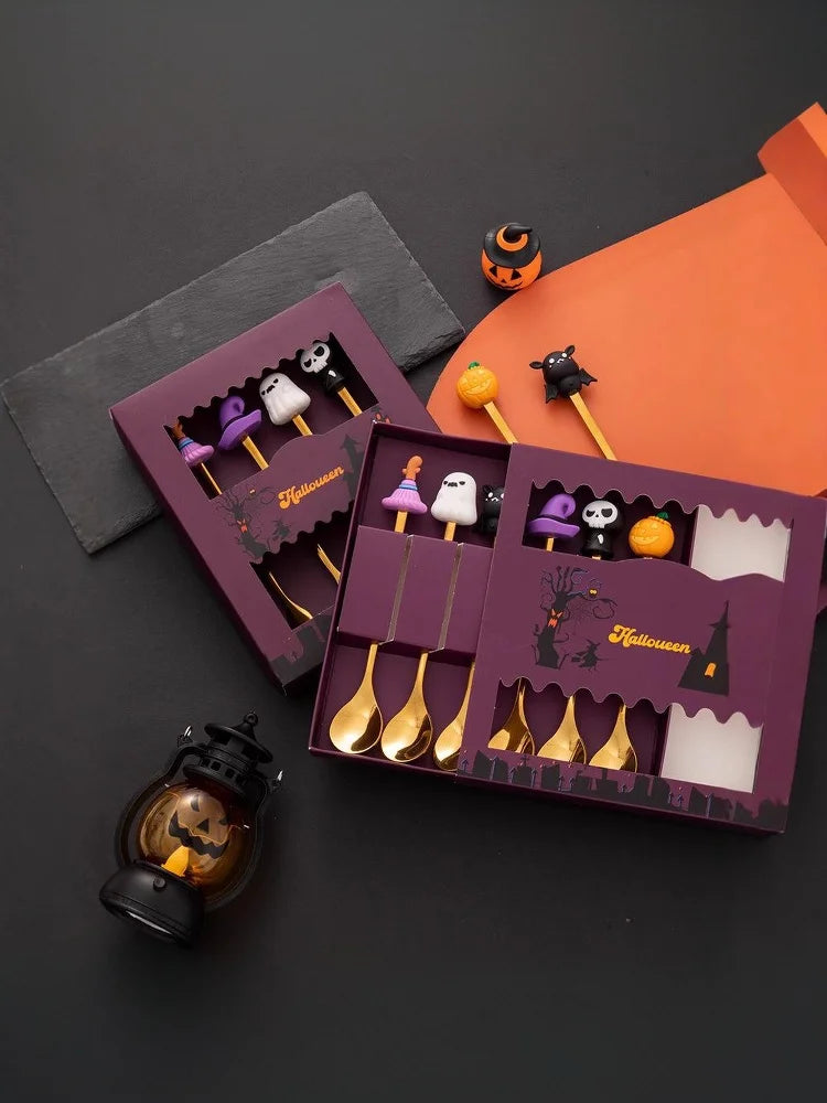 Halloween Tableware Stainless Steel Coffee Spoon Halloween Dessert Spoon Fruit Fork Theme Party Tableware Set