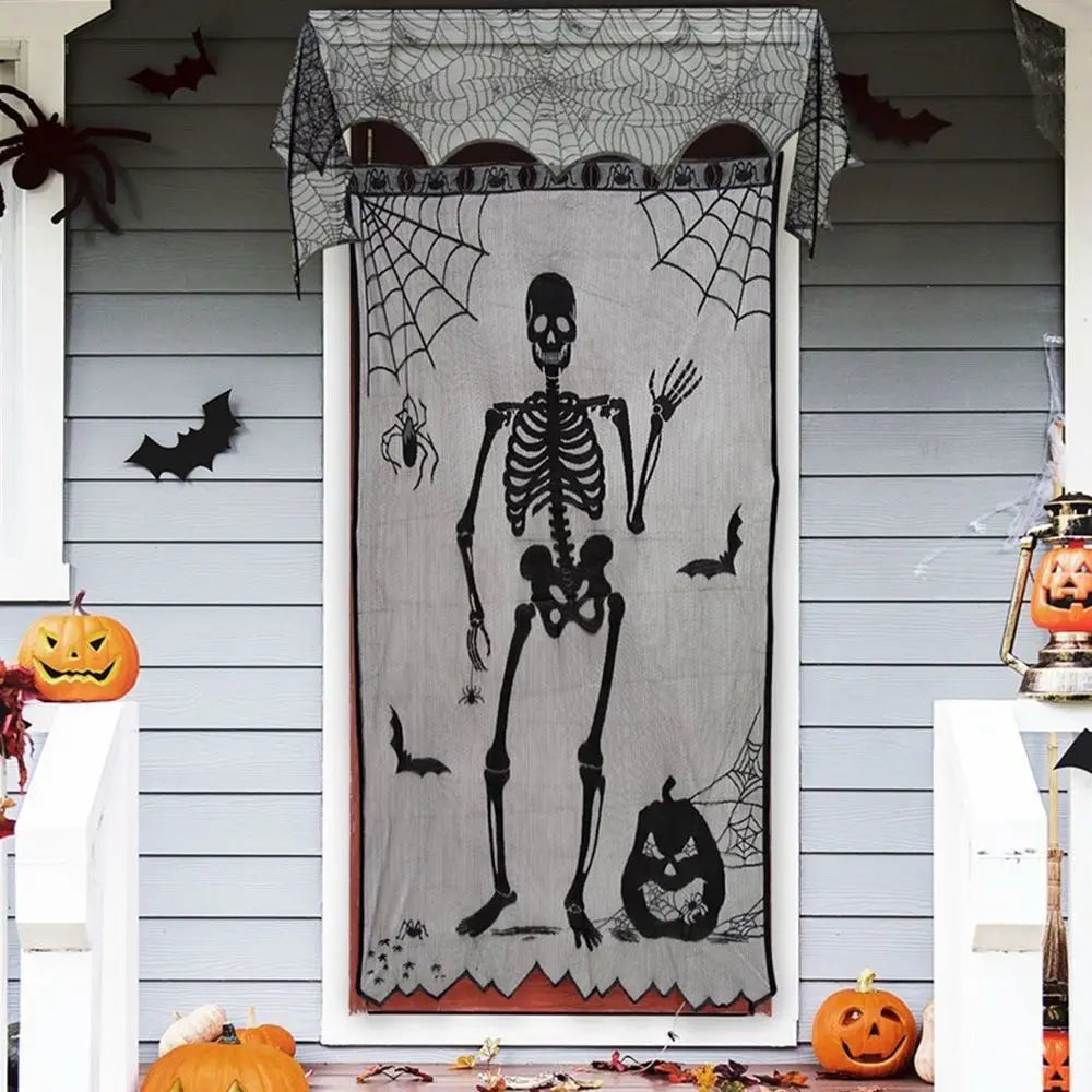 New Halloween Bat Table Runner Lace Web Skeleton Skull Tablecloth Black Fireplace Mantel Scarf Event Party Decoration Supplies