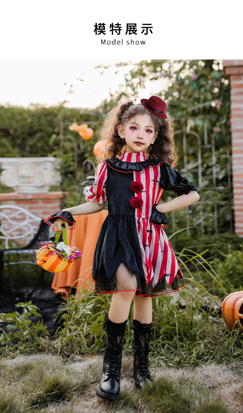 Halloween children's costume; clown costume for girls; party dress for a fun outfit; carnival performance outfit.