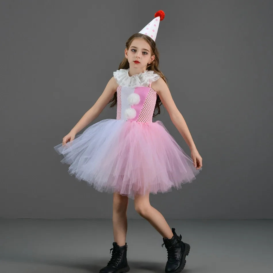Halloween Costume For Kids Gray Girls Tutu Dress Kids Cosplay Scary Clown Costume Girl Carnival Masquerade Party Dress Up 2-12Y