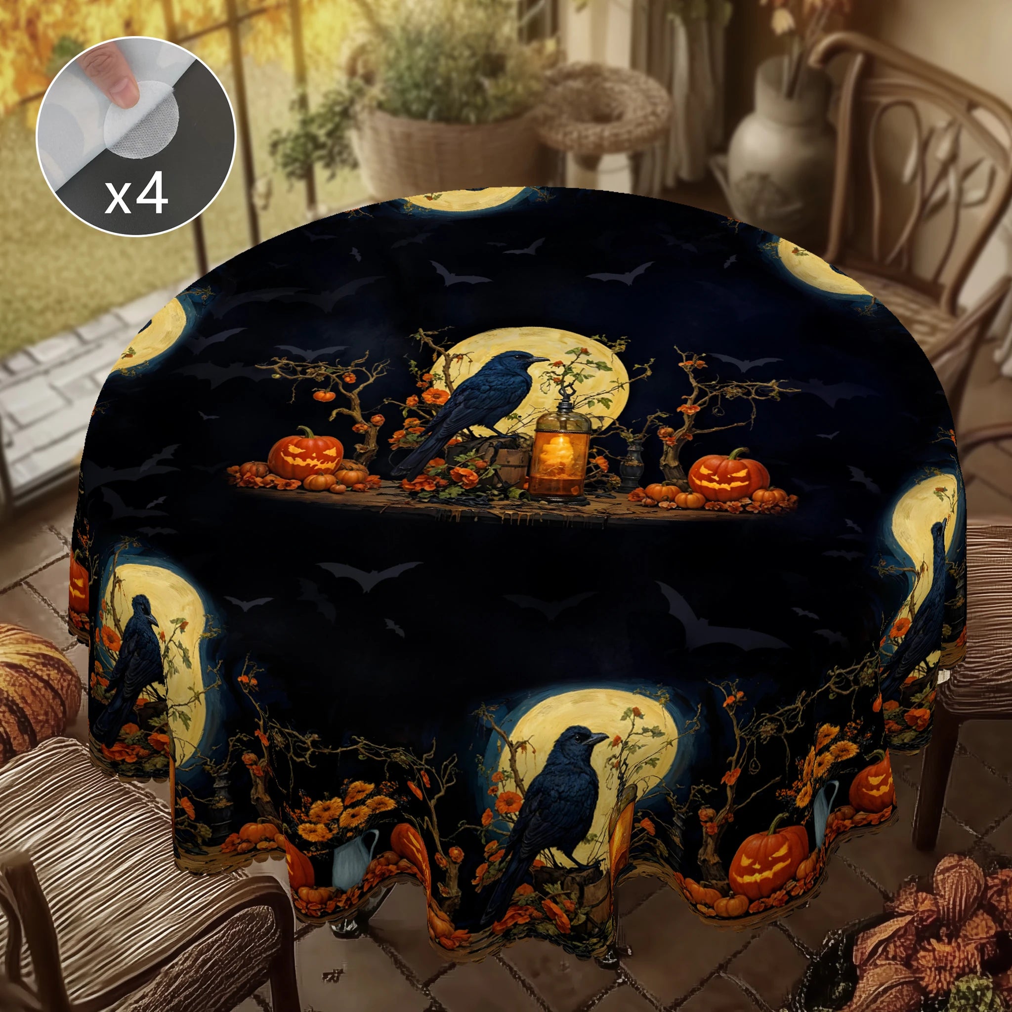 1 Piece, Halloween Theme Tablecloth + 4 Pieces Self-Adhesive, with Crow Moon, Pumpkin Lantern Pattern, Retro Exquisite Design Horror Atmosphere Scene Printing, Embossed Edge, Suitable for Home Kitchen, Living Room Dining Tabl