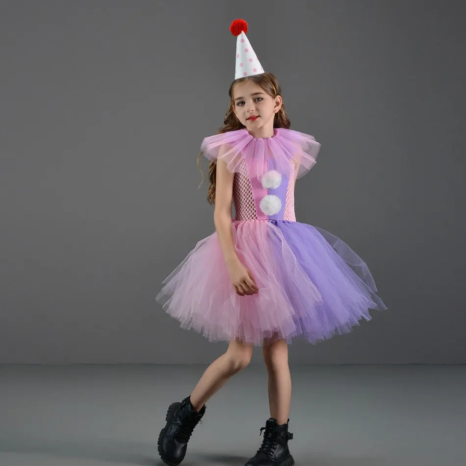 Halloween Costume For Kids Gray Girls Tutu Dress Kids Cosplay Scary Clown Costume Girl Carnival Masquerade Party Dress Up 2-12Y