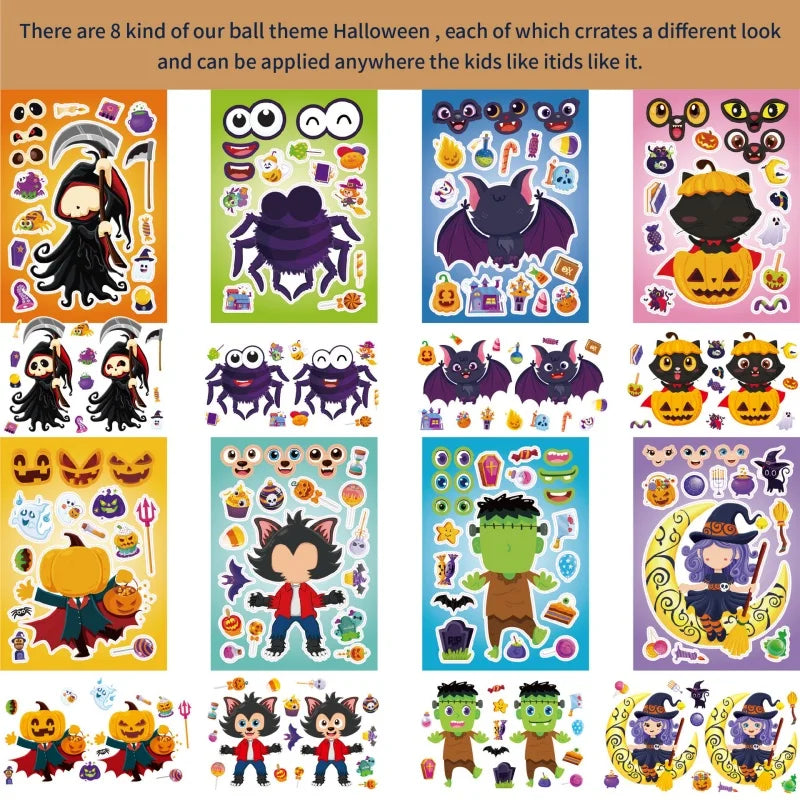 Halloween Party Games Stickers for Kids Make A Pumpkin/Skeleton/Ghost/Witch/Zombie/Mummy Face Stickers Children Party Gifts Toys