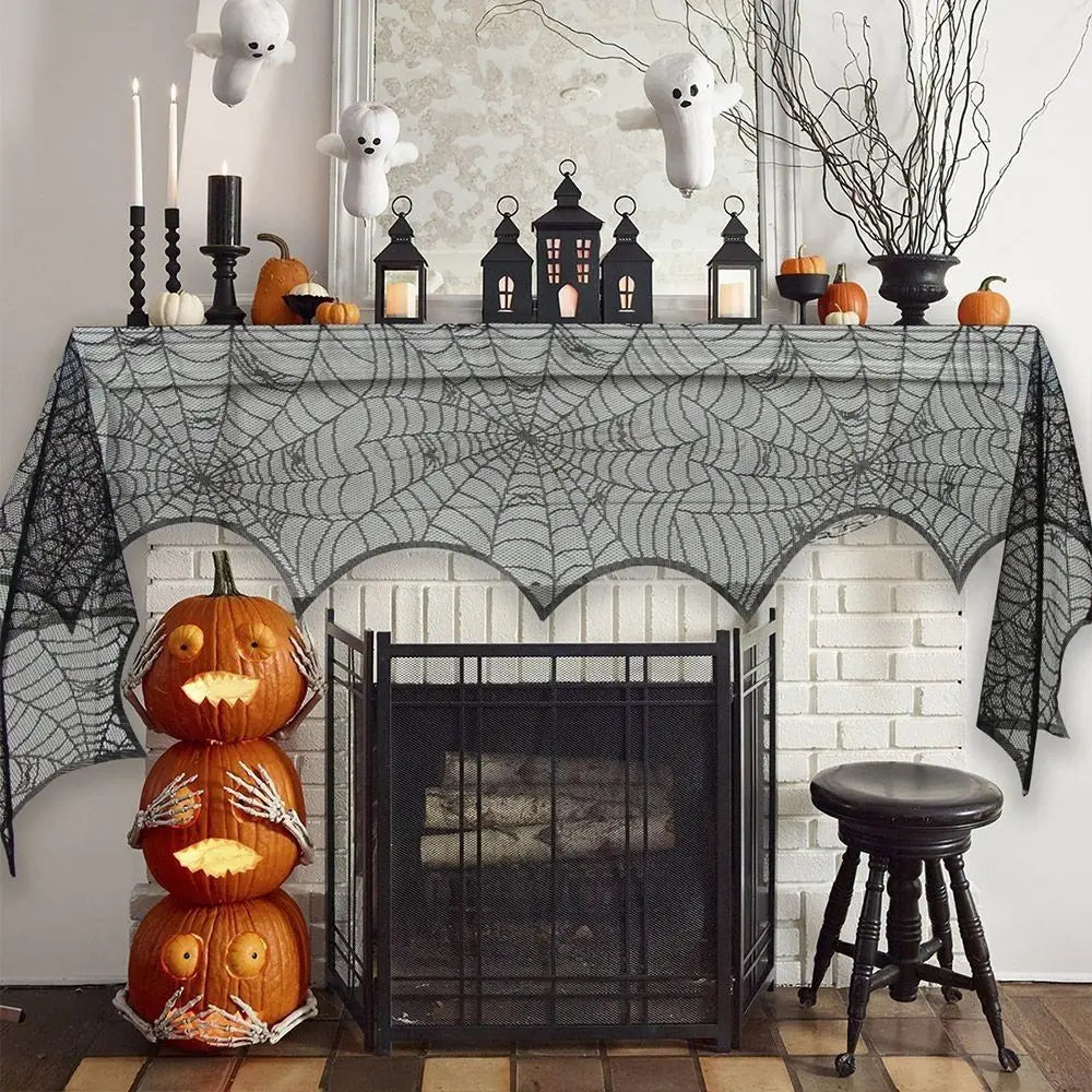 New Halloween Bat Table Runner Lace Web Skeleton Skull Tablecloth Black Fireplace Mantel Scarf Event Party Decoration Supplies