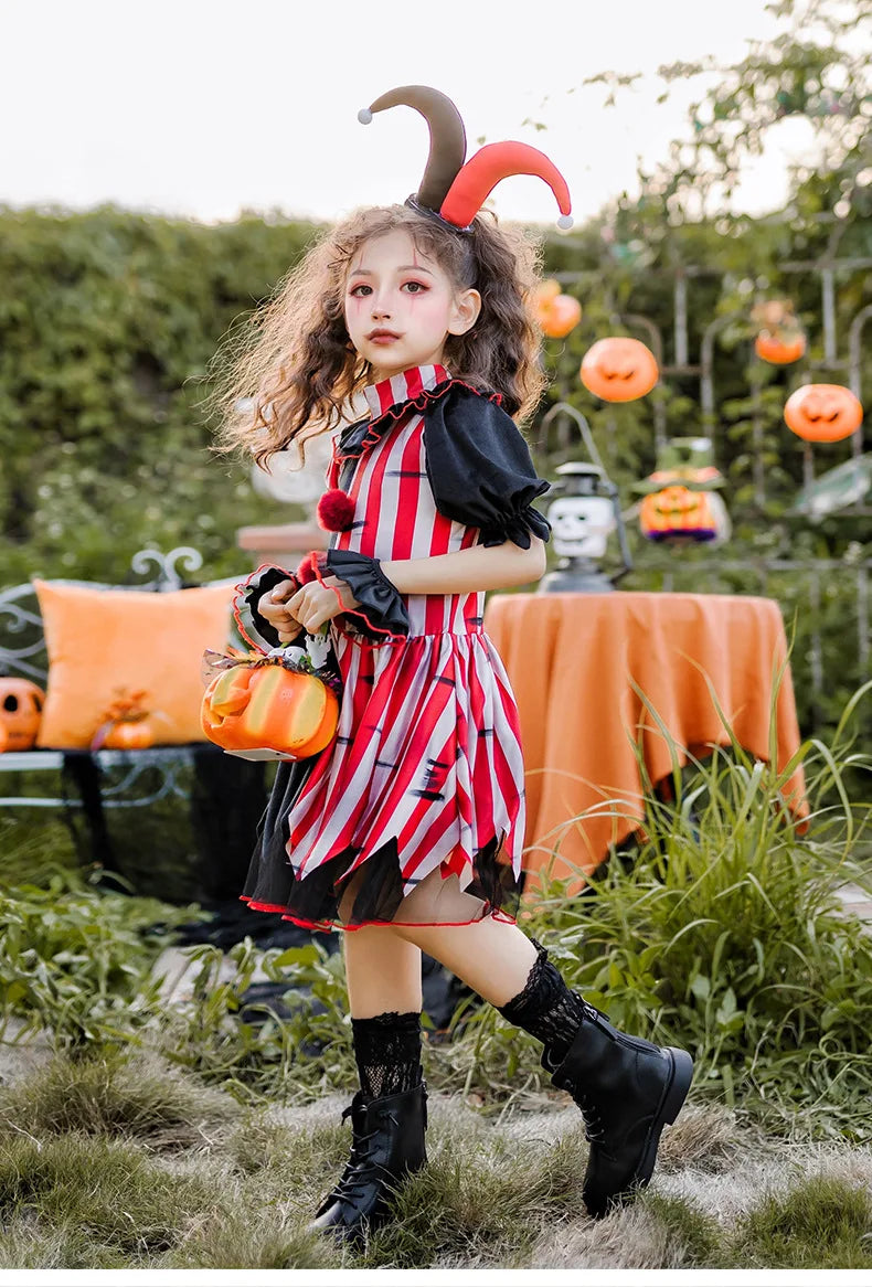 Halloween children's costume; clown costume for girls; party dress for a fun outfit; carnival performance outfit.