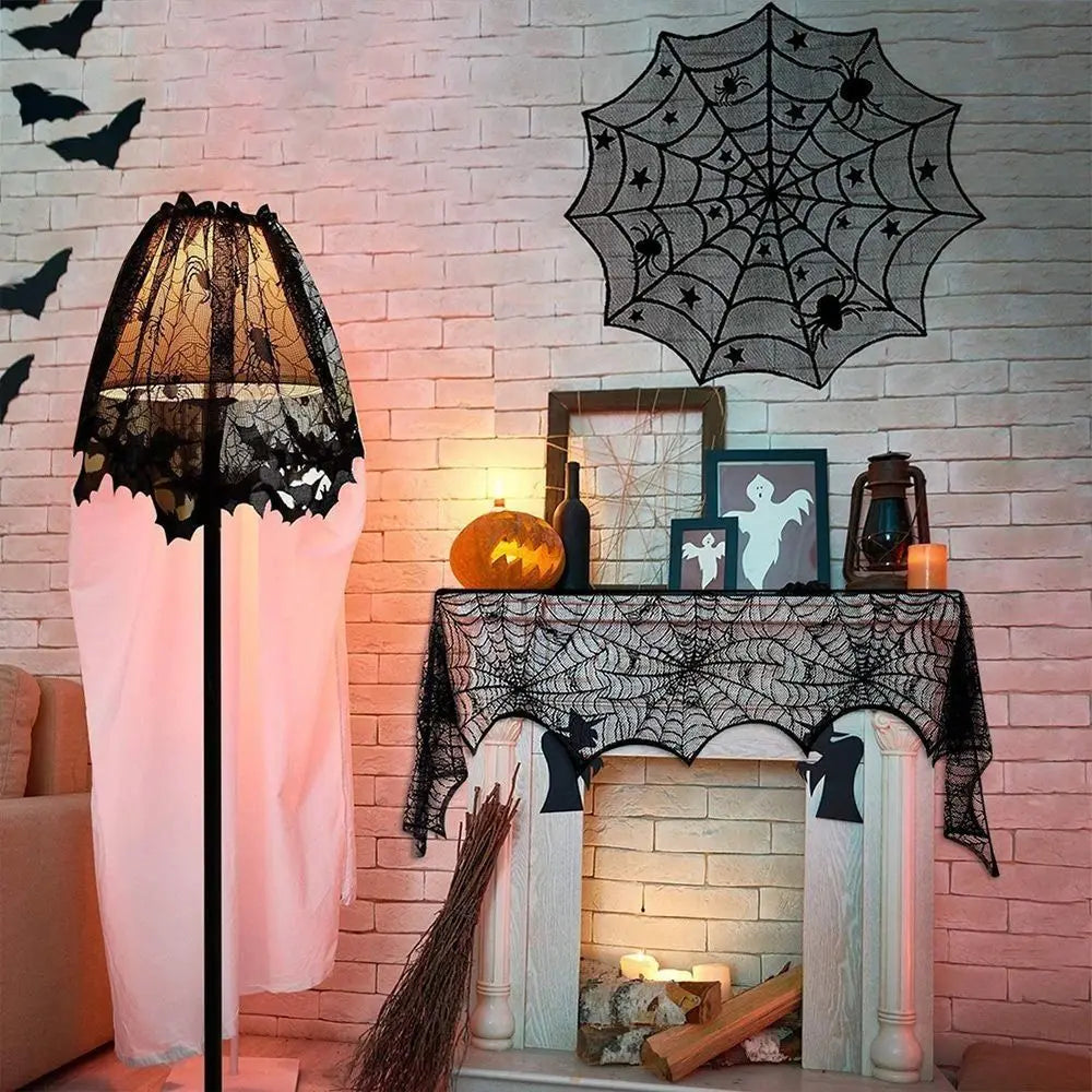 New Halloween Bat Table Runner Lace Web Skeleton Skull Tablecloth Black Fireplace Mantel Scarf Event Party Decoration Supplies