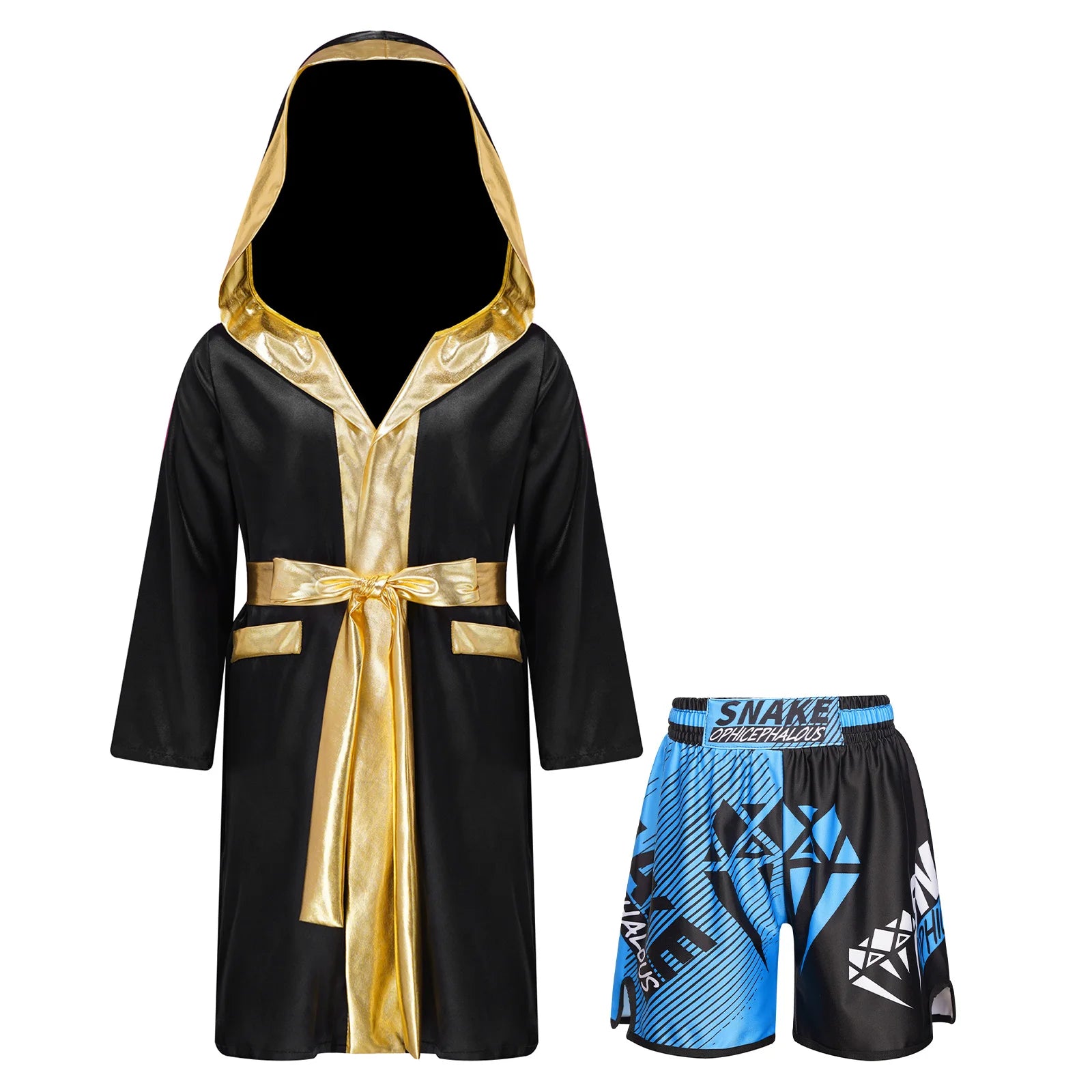 Boys Boxing Robe Outfit Halloween Theme Party Boxer Cosplay Costume Long Sleeve Metallic Satin Hooded Cloak with Belt Shorts