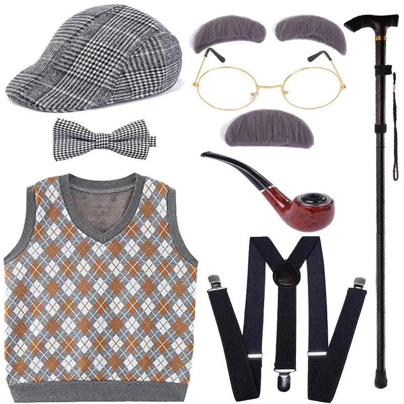 Kids 100 Days of School Boys Set Old Man Halloween Costume Dress up and Hat, Glasses Grandpa Vest Set for Boys Outfit Accessorie