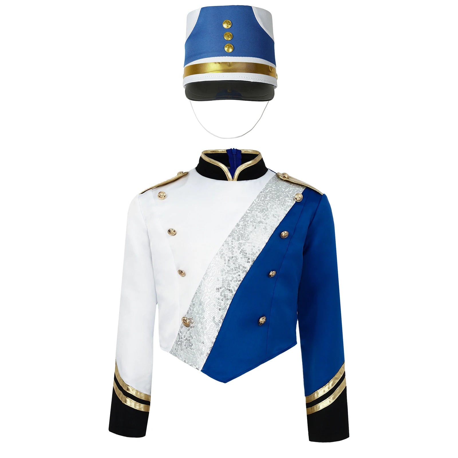 Kids Boys Marching Band Costume Halloween Tops Uniform Metallic Gloss Sequins Mock Neck Coat Long Sleeve Epaulets Buttons Jacket