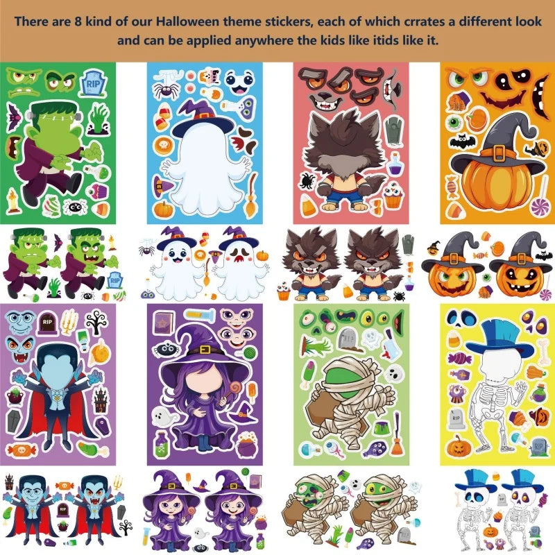 Halloween Party Games Stickers for Kids Make A Pumpkin/Skeleton/Ghost/Witch/Zombie/Mummy Face Stickers Children Party Gifts Toys