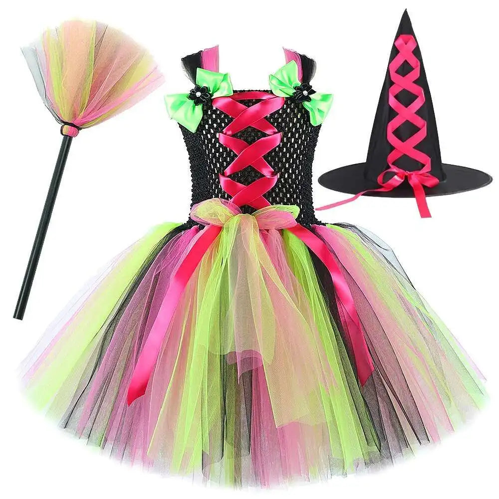 Kids Halloween Witch Costumes for Girls Carnival Party Fancy Dresses with Witches Hat Broom Children Hallowmas Disguise Outfit
