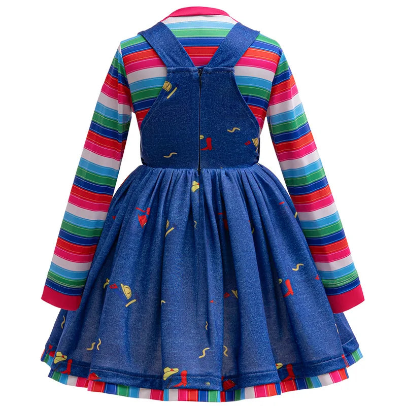 Toddler Girls Halloween Killer Costume 2PCS Blue Denim Dress With Rainbow Striped Shirt Outfit For Kids Horror Party Play Outfit
