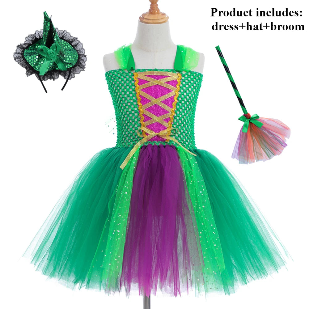 Halloween Children Costume Tulle Dress Girls Cosplay Vestidos Party Evil Queen Mesh Princess Dress Kids Crow Wand