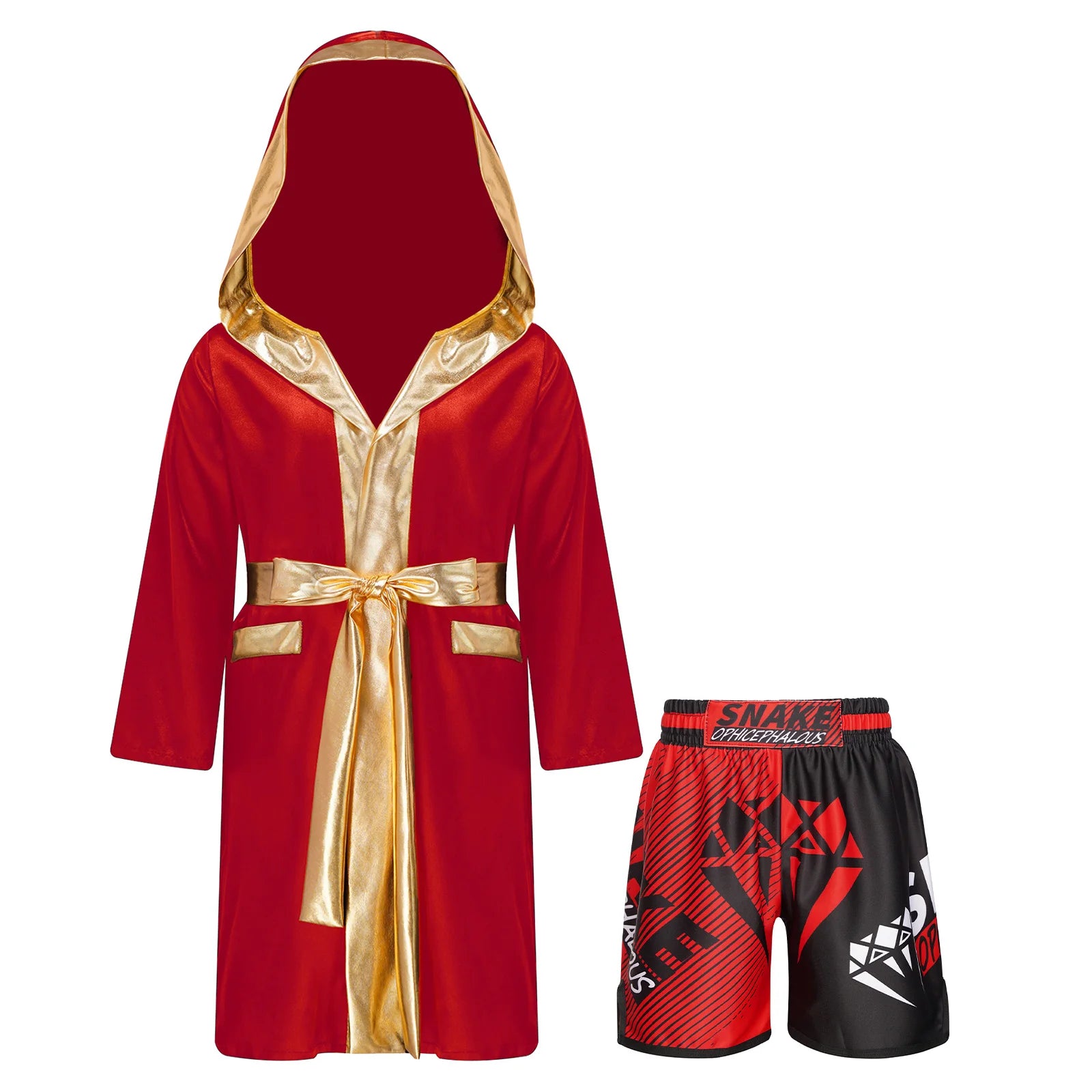 Boys Boxing Robe Outfit Halloween Theme Party Boxer Cosplay Costume Long Sleeve Metallic Satin Hooded Cloak with Belt Shorts
