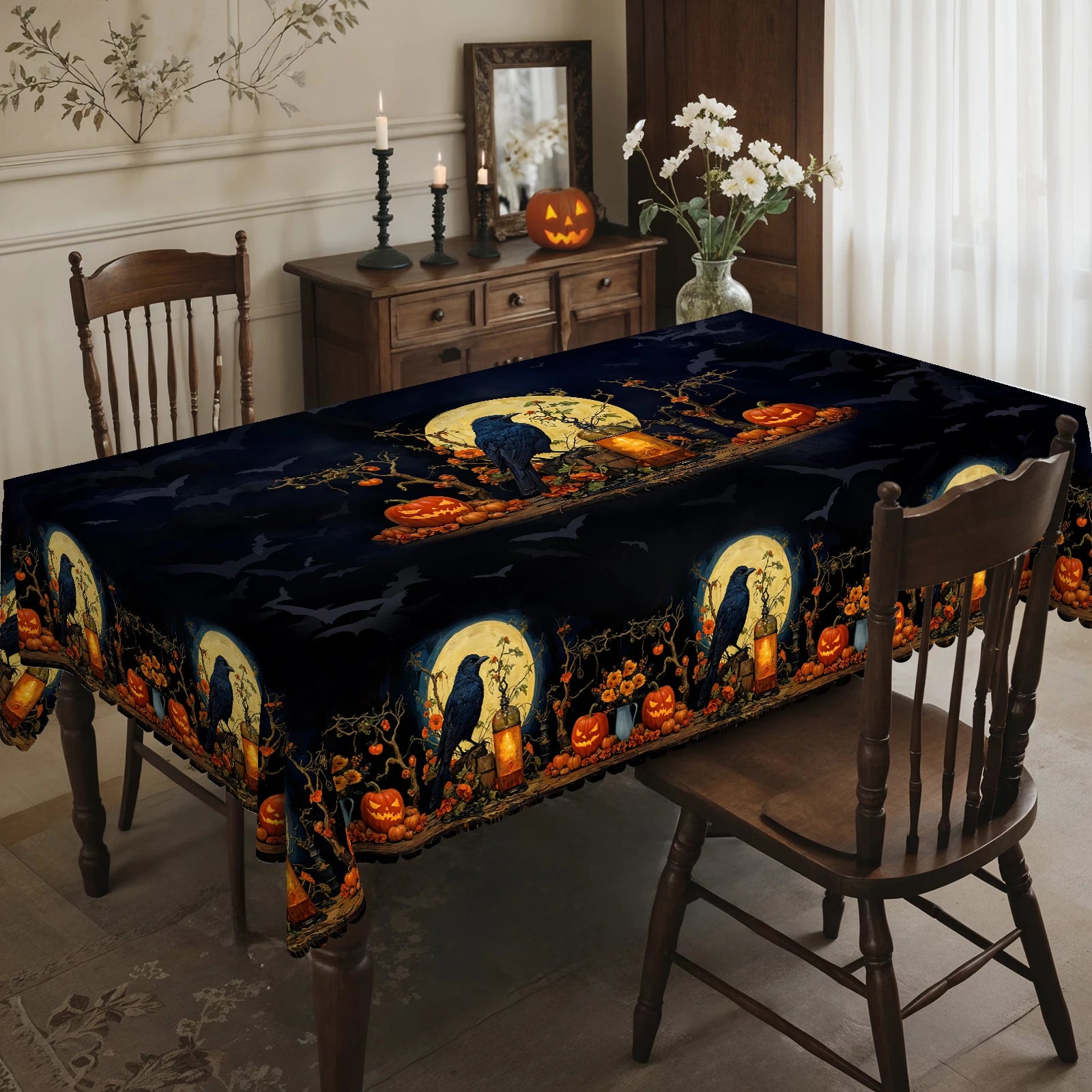 1 Piece, Halloween Theme Tablecloth + 4 Pieces Self-Adhesive, with Crow Moon, Pumpkin Lantern Pattern, Retro Exquisite Design Horror Atmosphere Scene Printing, Embossed Edge, Suitable for Home Kitchen, Living Room Dining Tabl