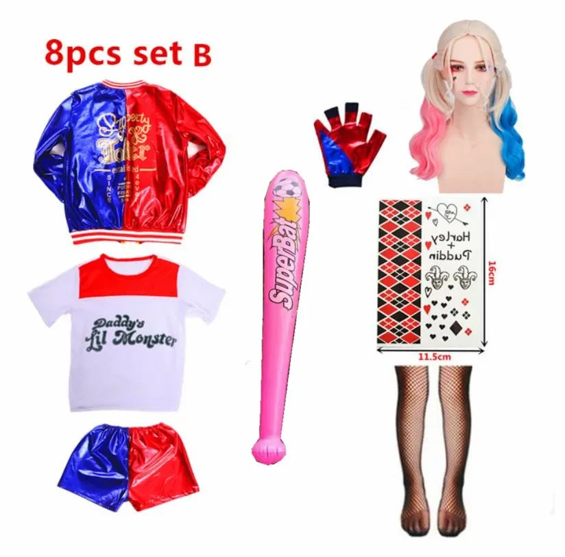 Halloween  Costume de carnaval Harleen Quinzel pour femmes et filles, T-shirts, veste supérieure avec perruque