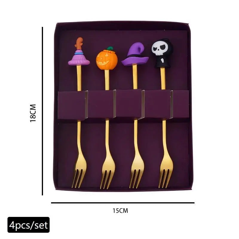 Halloween Tableware Stainless Steel Coffee Spoon Halloween Dessert Spoon Fruit Fork Theme Party Tableware Set