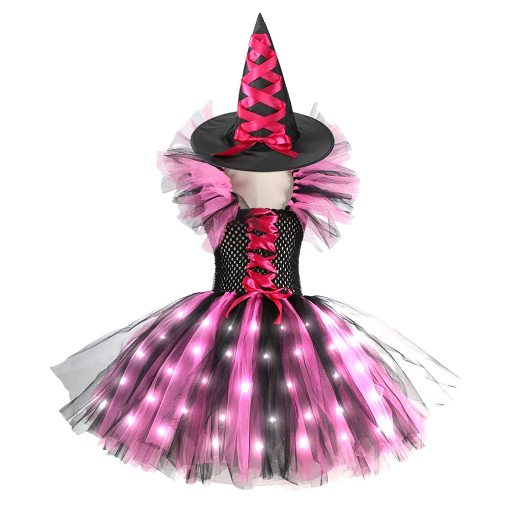 Halloween Costume For Kids Girls Witch Cosplay Tutu Knee LED Dress With Hat Broom Children Carnival Vestidos Fancy Clothes New