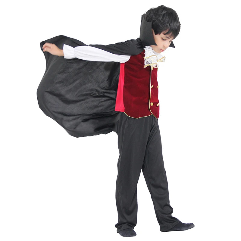 Boys Halloween Vampire Cosplay Costume Kids Carnival Party Dress up Outfit Role Play Costumes with False Teeth Walking Cane
