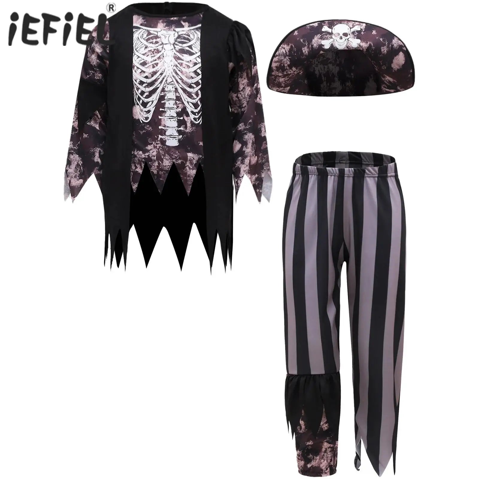 Boys Halloween Medieval Pirate Cosplay Costume Carnival Roleplay Suit Irregular Fringe Long Sleeve Top Striped Pants and Hat Set
