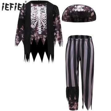 Boys Halloween Medieval Pirate Cosplay Costume Carnival Roleplay Suit Irregular Fringe Long Sleeve Top Striped Pants and Hat Set