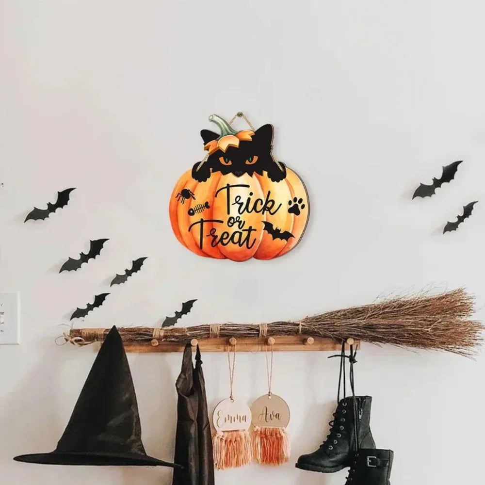 Halloween "trick or Treat" Sign, Pumpkin Black Cat Wooden Hanging Sign, Home, School, Party, Haunted House, Porch Decoration