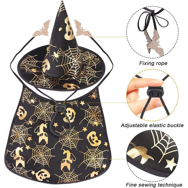 ABUN-Halloween Cat Costume Pet  Cape And Hat Cool Outfit Pet  Cape Hat Cats Cosplay Clothes Apparel Halloween