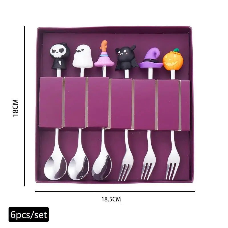 Halloween Tableware Stainless Steel Coffee Spoon Halloween Dessert Spoon Fruit Fork Theme Party Tableware Set