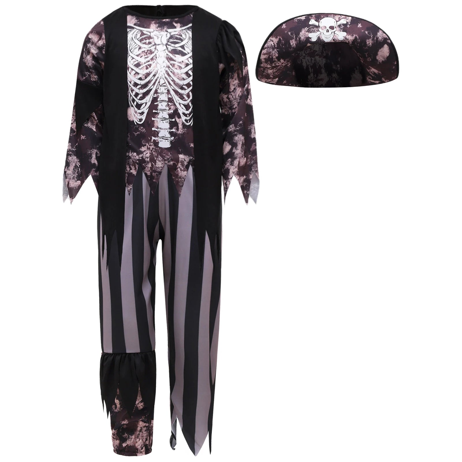 Boys Halloween Medieval Pirate Cosplay Costume Carnival Roleplay Suit Irregular Fringe Long Sleeve Top Striped Pants and Hat Set