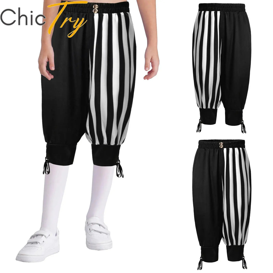 Boys Gothic Medieval Renaissance Costume Halloween Pants with Ankle Banded Wide Elastic Waistband Stripes Cosplay Party Dress Up
