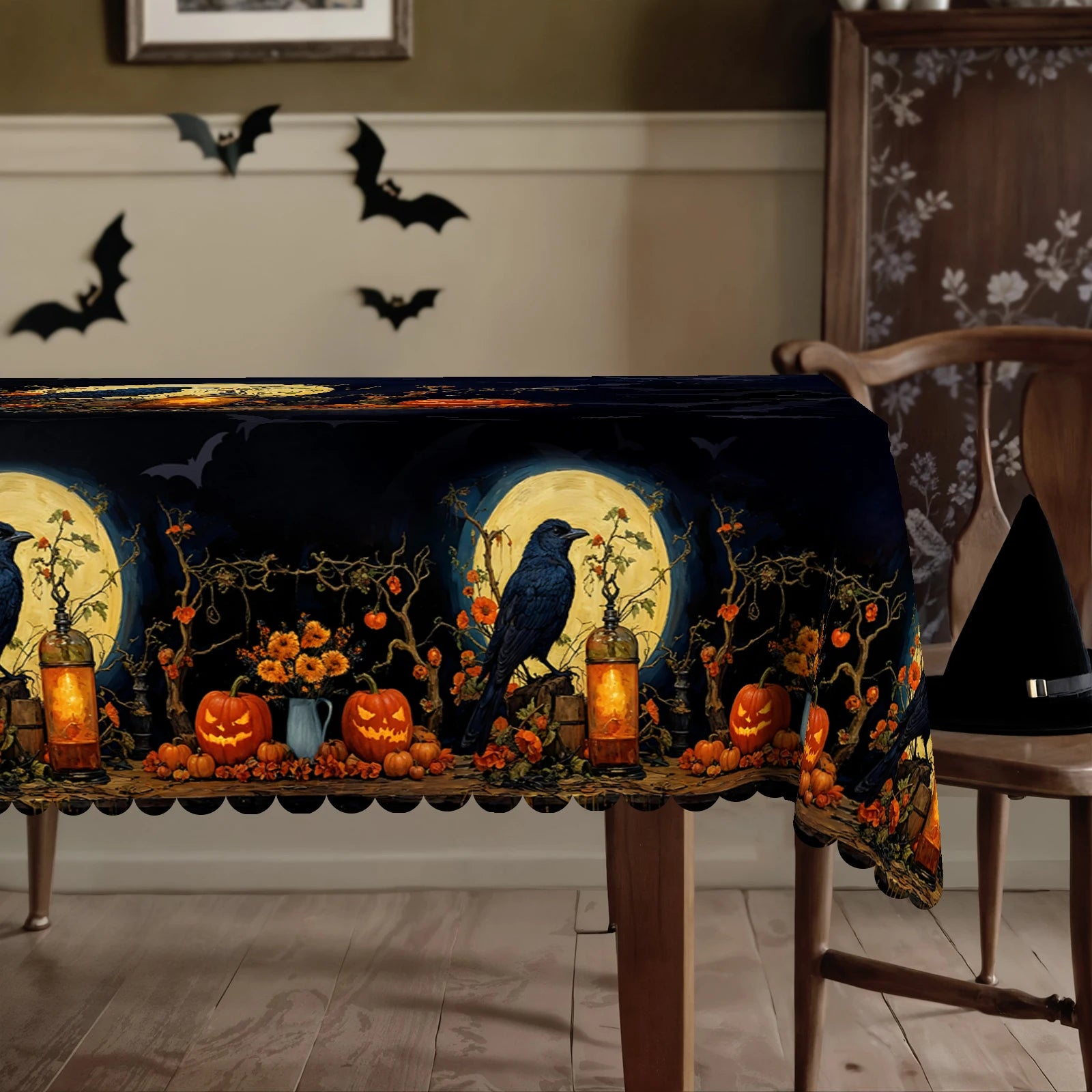 1 Piece, Halloween Theme Tablecloth + 4 Pieces Self-Adhesive, with Crow Moon, Pumpkin Lantern Pattern, Retro Exquisite Design Horror Atmosphere Scene Printing, Embossed Edge, Suitable for Home Kitchen, Living Room Dining Tabl